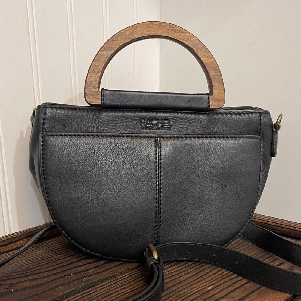 Rachel Roy Black Leather Crescent Crossbody Bag with Wooden Handle